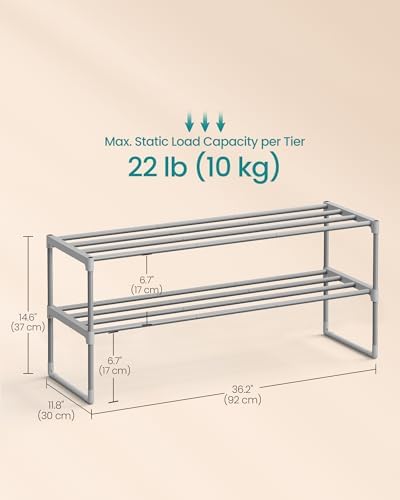 SONGMICS Shoe Rack, 2-Tier Shoe Organizer, Metal Storage Shelf | for Entryway, Upright or Upside Down, for 12-15 Pairs, Stackable, 11.8 x 36.2 x 14.6 Inches, Gray ULSA012G01 - Image 3