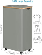 efluky Laundry Basket with Wheels, Tall Rolling Laundry Hamper with Lid and Removable Bag, Aesthetic Dirty Clothes Hamper on Wheels for Laundry Room, Bedroom, Dorm and Bathroom, 100L Grey - Image 2