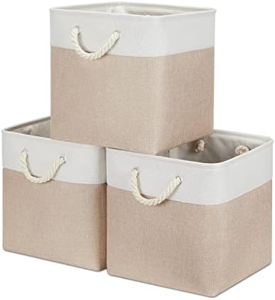 Bidtakay Fabric Storage Baskets for Organizing Beige 13 Inch Collapsible Square Baskets 3 Pack Organization Bins Large Cube Storage Bins Closet Baskets for Shelves Clothes by BidtakayBaskets