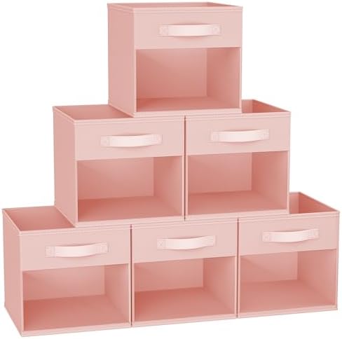 DIMJ Cube Bins, 12.2-Inch Storage Bins Cubes with Window, 6 Packs Collapsible Storage Bins with Handles, Closet Storage Baskets for Organizing Living Room, Office, 6 Pack,Pink by DiMJ