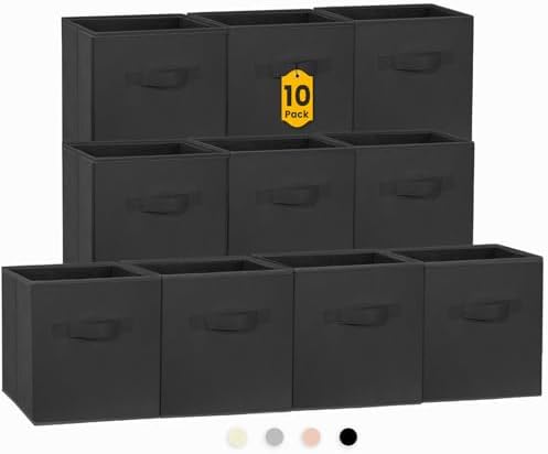 Criusia Storage Cubes, 11 Inch Clothes Storage Bins for Shelves Closet (10 Pack), Fabric Collapsible Storage Bins with Dual Handles, Cubby Storage Baskets for Magazines, Dorm Essentials (Black) by Criusia