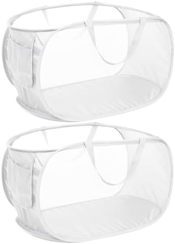 Strong Mesh Pop Up Laundry Basket, Collapsible Laundry Hamper with Side Pocket, Foldable Clothes Hamper with Durable Reinforced Handles for Laundry, Bathroom, Kids Room, Dorm or Travel 2 Pack White by Bemkoo