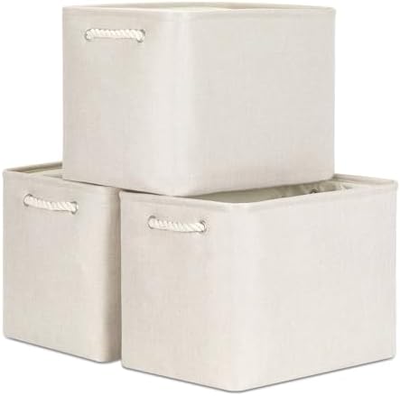 Bidtakay Large Storage Baskets for Shelves 3 Pack Fabric Storage Bins for Organizing Linen Collapsible Organizer for Closet-Light Biege by BidtakayBaskets
