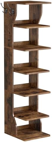 VASAGLE 7-Tier Vertical Shoe Rack, Narrow Shoe Storage Organizer with Hooks by Unknown