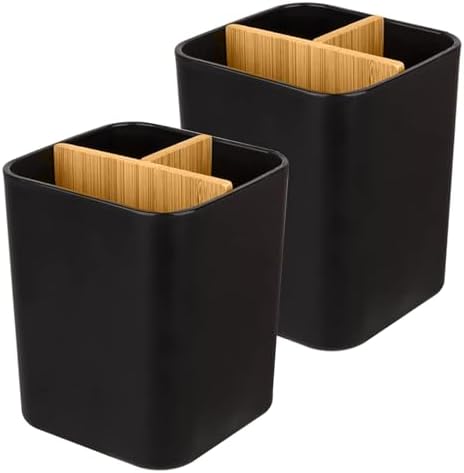 Bamboo Toothbrush Holder for Bathrooms Toothpaste Organizer, 2 Pack, Black by Heagoale