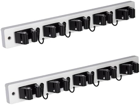 2 Pack Broom Holder Wall Mount With 5 Slots & 4 Hooks，Rustic Wood Broom & Mop Hanger，Wall Mounted Garden & Garage Tool Storage Organizer Rack for Closet Laundry Room or Kitchen Wall Decor White by FunCee