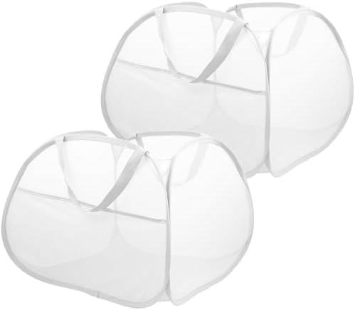 2 Pack Collapsible Laundry Baskets, 90L Large Foldable Laundry Basket, Durable Mesh Pop Up Hampers for Laundry, Dirty Clothes Laundry Hamper for Bedroom, Bathroom, Dorm, Laundry Room, Travel White by Bemkoo