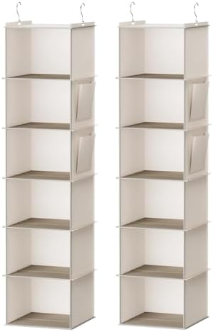 YOUDENOVA Hanging Closet Organizer and Storage, 6-Shelf, 2 Packs, Beige | Breathable Fabric, 2 Side Pockets, Clothes Organizer, Hanging Shelves, Closet Storage, College Dorm Room Essentials for Guys by YOUDENOVA