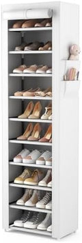 VTRIN Vertical Narrow Shoe Rack Organizer Tall Shoe Rack for Closet Entryway 10 Tier Non-Woven Cover Shoe Shelf Holds 20-22 Pairs Free Standing Shoe Storage Cabinet with Dustproof Cover, White by VTRIN