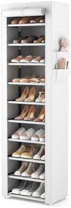 VTRIN Vertical Narrow Shoe Rack Organizer Tall Shoe Rack for Closet Entryway 10 Tier Non-Woven Cover Shoe Shelf Holds 20-22 Pairs Free Standing Shoe Storage Cabinet with Dustproof Cover, White by VTRIN
