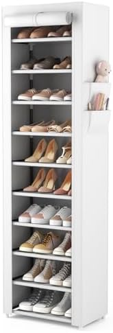 VTRIN Vertical Narrow Shoe Rack Organizer Tall Shoe Rack for Closet Entryway 10 Tier Non-Woven Cover Shoe Shelf Holds 20-22 Pairs Free Standing Shoe Storage Cabinet with Dustproof Cover, White by VTRIN