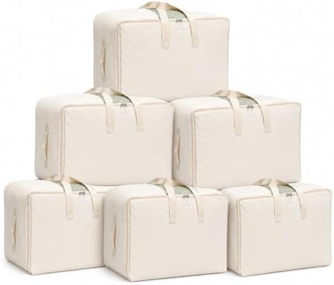 DoYiKe Soft Large Canvas Comforter Storage Bags with Four Carrying Handles and Clear Window, Closet Organizer for Clothing, Blankets Sheets Pillows and Bedding, 80L, 6 Pack, Beige by DoYiKe