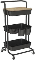 DTK 3 Tier Rolling Cart Uility Cart with Cover Board, Mobile Storage Cart with Wheels, Cups, Hooks for Office Utility Kitchen Bathroom Homeschool Art Craft Postpartum Teacher Cart Organizer(Black) by DTK