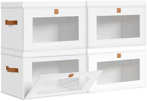 DIMJ Storage Bins with Lids - 4 Pack Large Fabric Closet Organizer with Window & Handles, Collapsible Decorative Storage Boxes for Shelves Under Bed, Books Clothes Blankets Sweaters Organization by DiMJ