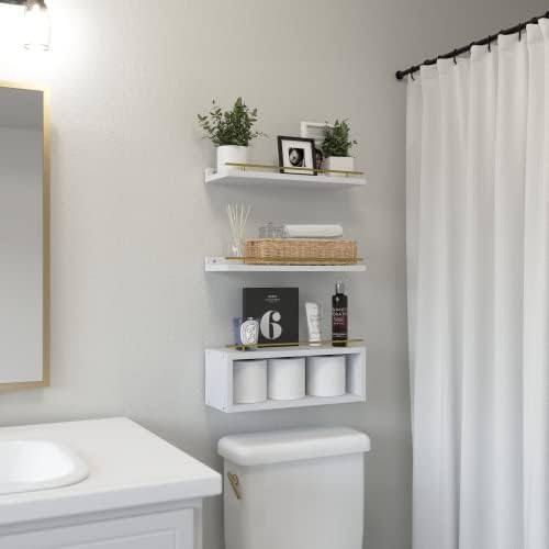 WOPITUES Floating Shelves for Wall with Cube Shelf, Wall Shelves with Metal Rail for Decor, Bathroom Organizers and Storage, Over Toilet Shelves for Bathroom, Toilet Paper-White&Gold - Image 5