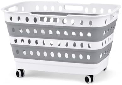 Collapsible Laundry Basket with Wheels & Folding Legs - 13.5 Gallon (51L) Large Foldable Pop-Up Clothes Hamper, Ergonomic Elevated Height, BPA-Free, Space Saving for Home & Dorm (Grey/White) - Image 3