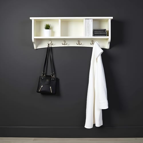 Shaker Cottage 36-Inch Wall-Mounted Coat Rack with 3 Open Shelves – Transitional Entryway Organizer, Mudroom Storage Shelf with 4 Hooks – Space-Saving Wall Storage by Alaterre Furniture (Ivory) - Image 6
