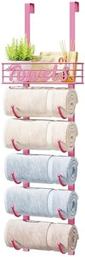 HapiRm Towel Racks for Bathroom Storage - 6 Tier Over The Door & Wall Mount Rolled Towel Storage Organizer Holder with Metal Shelf Basket for Small Bathroom, Camper, Rv - Pink, Patented by HapiRm