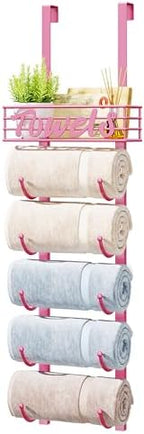 HapiRm Towel Racks for Bathroom Storage - 6 Tier Over The Door & Wall Mount Rolled Towel Storage Organizer Holder with Metal Shelf Basket for Small Bathroom, Camper, Rv - Pink, Patented by HapiRm
