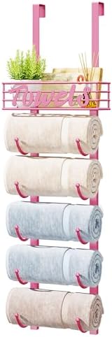 HapiRm Towel Racks for Bathroom Storage - 6 Tier Over The Door & Wall Mount Rolled Towel Storage Organizer Holder with Metal Shelf Basket for Small Bathroom, Camper, Rv - Pink, Patented by HapiRm