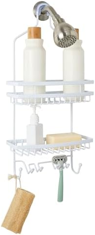Bath Bliss Shower Head Caddy, Suction Cup Backing, 2 Tier Shelving & 6 Accessory Hooks, White (23386-WHITE) - Image 2