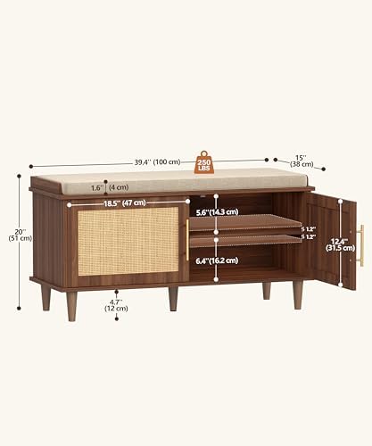 Akxomel 39.4" Rattan Shoe Storage Bench 2 Doors Entryway Bench Walnut - Image 3