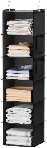 YOUDENOVA Hanging Closet Organizer and Storage, 6-Shelf, Black | Breathable Fabric, 2 Side Pockets, Clothes Organizer, Hanging Shelves, Closet Storage, College Dorm Room Essentials for Guys by YOUDENOVA