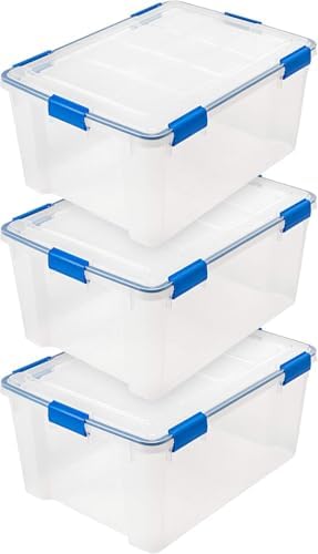 IRIS USA 3-Pack 60 Qt Storage Bins with Gasket Lids, Clear/Blue by IRISUSA