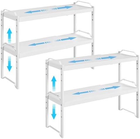 4 Pack Kitchen Cabinet Shelves Organizers, Kitchen Counter Storage Shelf Spice Rack, Expandable Length, Adjustable Height, Stackable, Sturdy 30LBS Bearing, Small Cupboard Tabletop Organizer Shelf Rack by X-cosrack