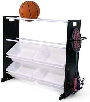 Humble Crew Jayden Sports Equipment Organizer with 2 Ball Racks and 4 Storage Bins – Black/White Rack for Home Gym, Garage & Kids’ Gear, Holds Balls, Bats, Rackets & More by HumbleCrew