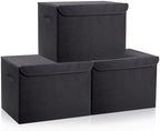 Bagnizer Large 17" 42 Quarts Collapsible Stackable Storage Bins with Lids [3-Pack] Foldable Fabric Linen Storage Boxes Cube, Closet Organizer Baskets with Label (16.7 x 12 x 12, Black) by Bagnizer