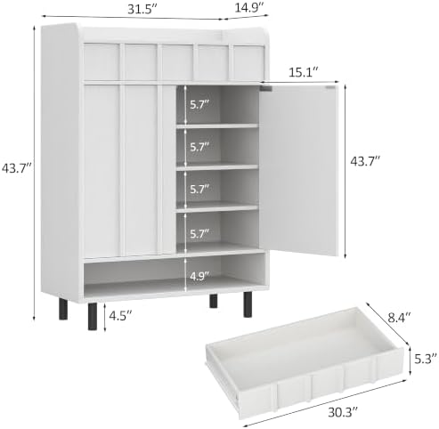 Shoe Cabinet Storage for Entryway with Doors, 6 Tier Fluted Shoe Organizer with Drawer & Adjustable Shelves, Freestanding Hidden Shoe Rack for Front Door Entrance, White - Image 2