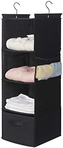 MAX Houser 4-Shelf Hanging Closet Organizer, Space Saver, Cloth Hanging Shelves with 2 Side Pockets, Foldable (Black) | Foldable Fabric Hanging Shelves for Closet, Cloth Hanging Shelves with 2 sturdy hanging hooks, Small Space Saver - Image 3