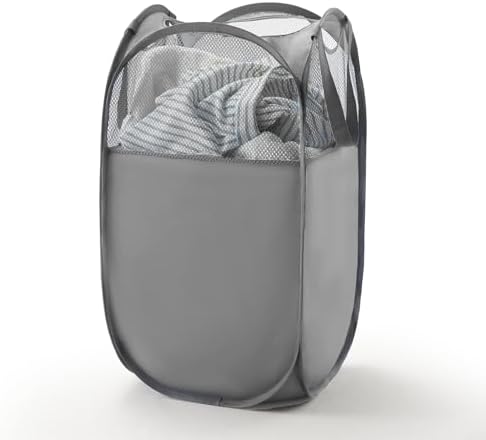 TECHMILLY Pop Up Foldable Laundry Basket, Mesh Laundry Hamper with Reinforced Handles for Dirty Clothes Storage in Dorm, Laundry Room, Bathroom, Grey(Fabric) by TECHMILLY