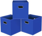 Black Foldable Storage Cubes Bins, Fabric Storage Box Cubes Organizer Baskets with Dual Handles for Home Organizer,Set of 3,(Dark Blue) by HEAYEEG