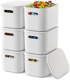 6 Pack White Storage Bins with Lids Stackable Storage Container for Organizing, Small Storage Boxes with Handle for Shelves, Cute Organizer Bins for Craft, Snacks, 9.85x6.9x5.7 inch by ORGIDOL