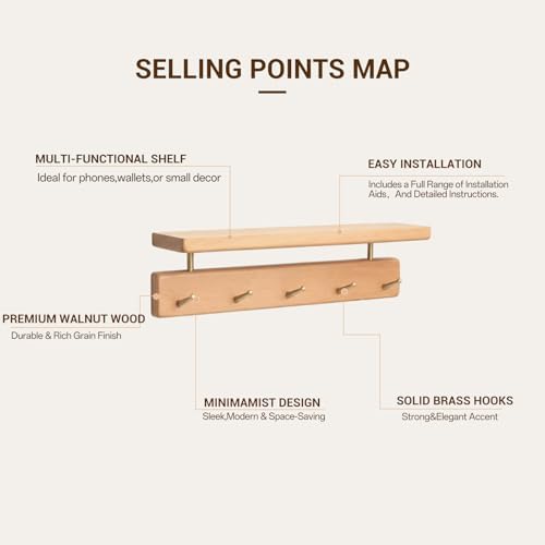 Walnut Wood Coat Rack with Shelf, Wall Mounted Entryway Organizer - Image 4
