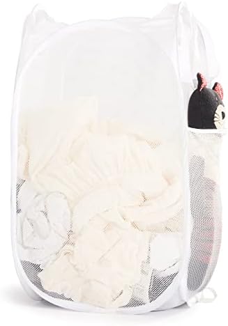 TECHMILLY Collapsible Mesh Pop Up Laundry Hamper with Sturdy Handles and Side Pocket - Portable Foldable Clothes Baskets for Dorm, Bathroom & Travel Storage (White) by TECHMILLY