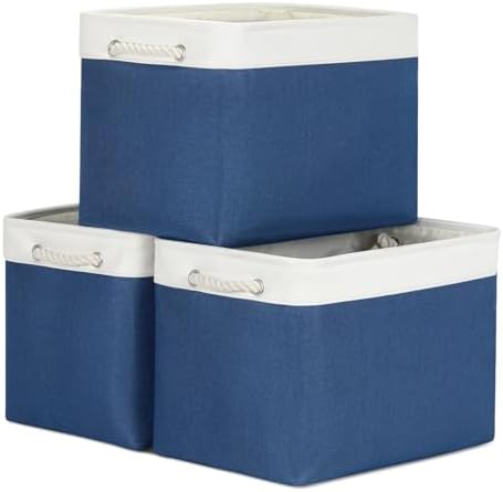 Bidtakay Large Storage Baskets for Shelves 3 Pack Fabric Storage Bins for Organizing Navy Blue Decorative Baskets Linen Collapsible Organizer for Closet by BidtakayBaskets
