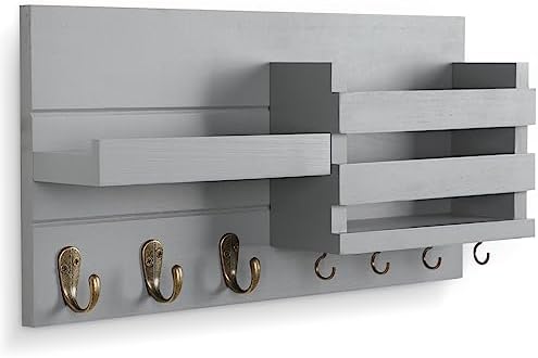 Lwenki Mail Organizer for Wall Mount – Key Holder with Shelf Includes Letter Holder and Hooks for Coats, Dog Leashes – Rustic Wood with Flush Mounting Hardware (16.5” x 8.7” x 3.5”) (Gray) - Image 2
