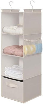 MAX Houser 4-Shelf Hanging Closet Organizer, Space Saver, Cloth Hanging Shelves with 2 Side Pockets, Foldable (Beige) | Foldable Fabric Hanging Shelves for Closet, Cloth Hanging Shelves with 2 sturdy hanging hooks, Small Space Saver - Image 4