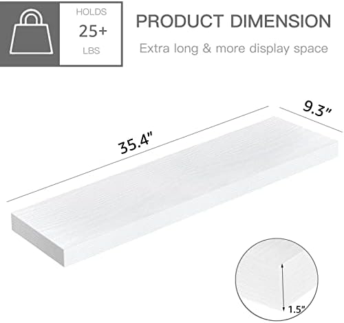 QEEIG Floating Shelves for Wall 35.4" Long - Wall Mounted Shelf Bathroom Kitchen Living Room Bedroom Farmhouse Home Decor Display Bookshelf Large 35.4 x 9.3 inch Set of 2, White (008-90W) - Image 3