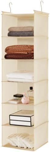MAX Houser 6 Tier Shelf Hanging Closet Organizer with 2 Hooks, Beige | foldable lightweight fabric closet storage, space-saving design for Bedroom, Closet Hanging Shelf for Storage by MAXHouser