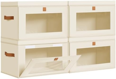 DIMJ Storage Bins with Lids - 4 Pack Large Fabric Closet Organizer with Window & Handles, Collapsible Decorative Storage Boxes for Shelves Under Bed, Books Clothes Blankets Sweaters Organization by DiMJ