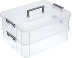 BTSKY 2 Layer Stack & Carry Box, Plastic Multipurpose Portable Storage Container Box Handled Organizer Storage Box for Organizing Stationery, Sewing, Art Craft, Jewelry and Beauty Supplies Dark Grey by BTSKY