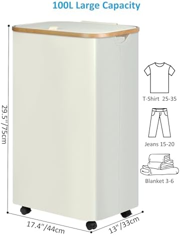 efluky Laundry Basket with Wheels, Tall Rolling Laundry Hamper with Lid and Removable Bag, Aesthetic Dirty Clothes Hamper on Wheels for Laundry Room, Bedroom, Dorm and Bathroom, 100L Black - Image 2