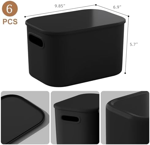 ORGIDOL 6 Pack Black Storage Bins with Lids Stackable Storage Container for Organizing, Black Storage Boxes with Handle for Shelves, Cute Organizer Bins for Craft, Snacks, 9.85x6.9x5.7 inch - Image 5