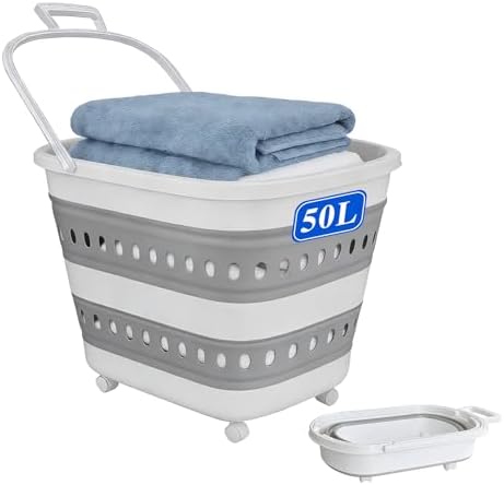 50L Collapsible Plastic Laundry Basket Hamper with Wheels, Foldable Laundry Basket with Handles, Pop Up Storage Container Organizer for Washing Storage by Unknown