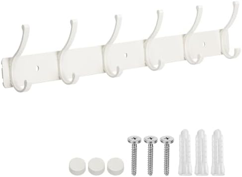 Wall Mount Coat Rack 1 Pack, White Coat Hooks Hanger with 6 Double Hooks by Dntorx