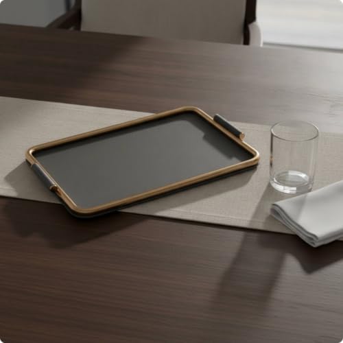 Metal Decorative Tray with Metal Frame Rectangular Catchall Tray with Handles Decorative Tabletop Organizer for Living Room, Dark Gray, Small 44 26 4 CM - Image 3